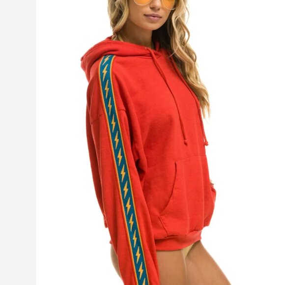 Aviator Nation bolt stripe relaxed pullover hoodie (red, L) - has small flaw - Picture 2 of 11